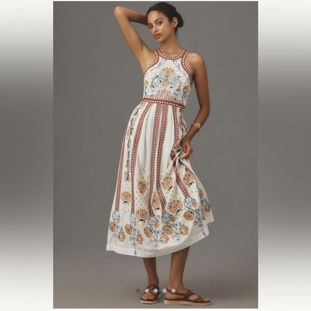 By Anthropologie Embroidered Back Cutout Midi Dress